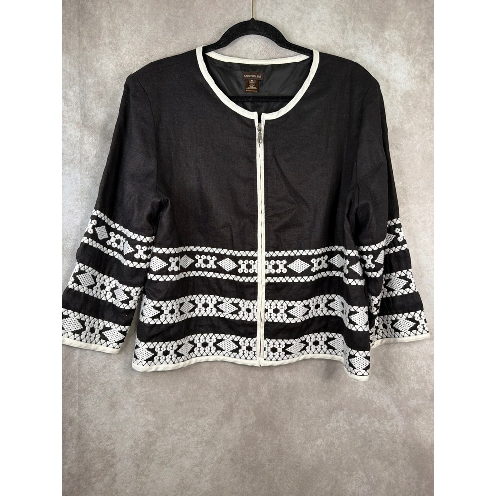 Multiples Jacket Womens‎ XL Black White Linen Embroidered Zip Front Boho Chic